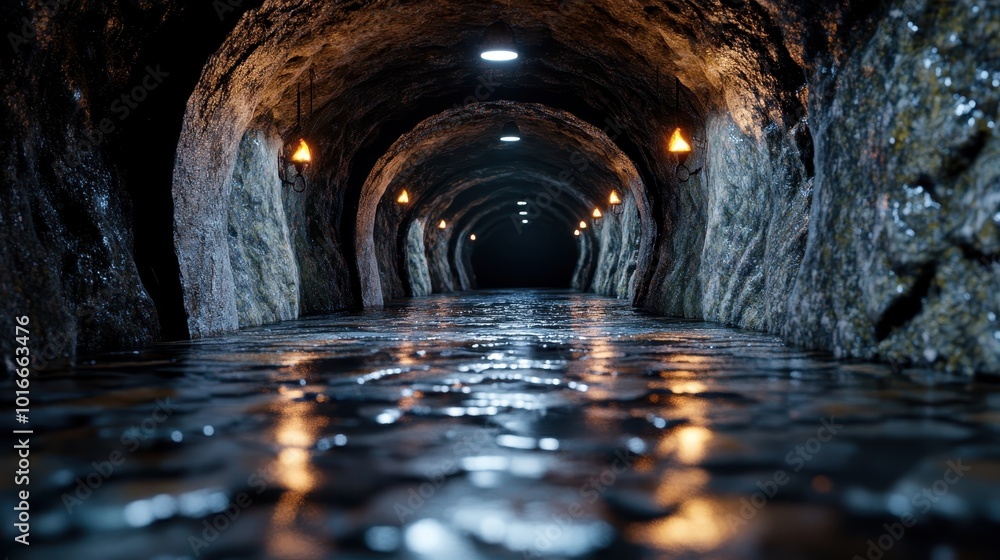 Poster a mysterious wet stone tunnel illuminated by modern lights casts reflections, leading deep into dark