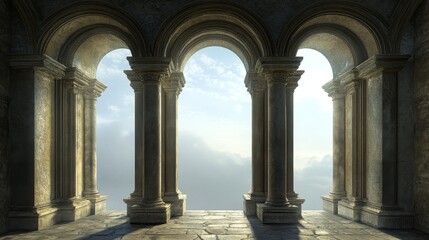 Fototapeta premium Three architectural frames stand in the center of the pillar.