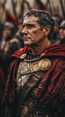 A stoic Roman general in ornate armor and crimson cloak, conveying strength and leadership amidst a historic battlefield.