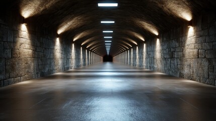 A mysterious, dimly lit tunnel stretches into darkness, highlighted by symmetrical, arched stone walls and evenly spaced ceiling lights, creating an atmospheric scene.