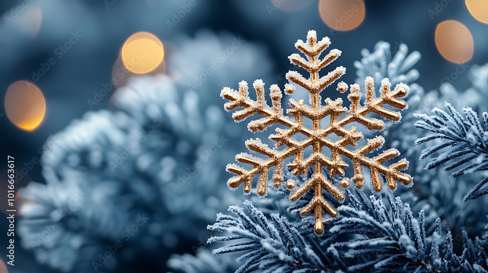 Poster a golden snowflake ornament on a frosted pine branch with warm bokeh lights in the background.