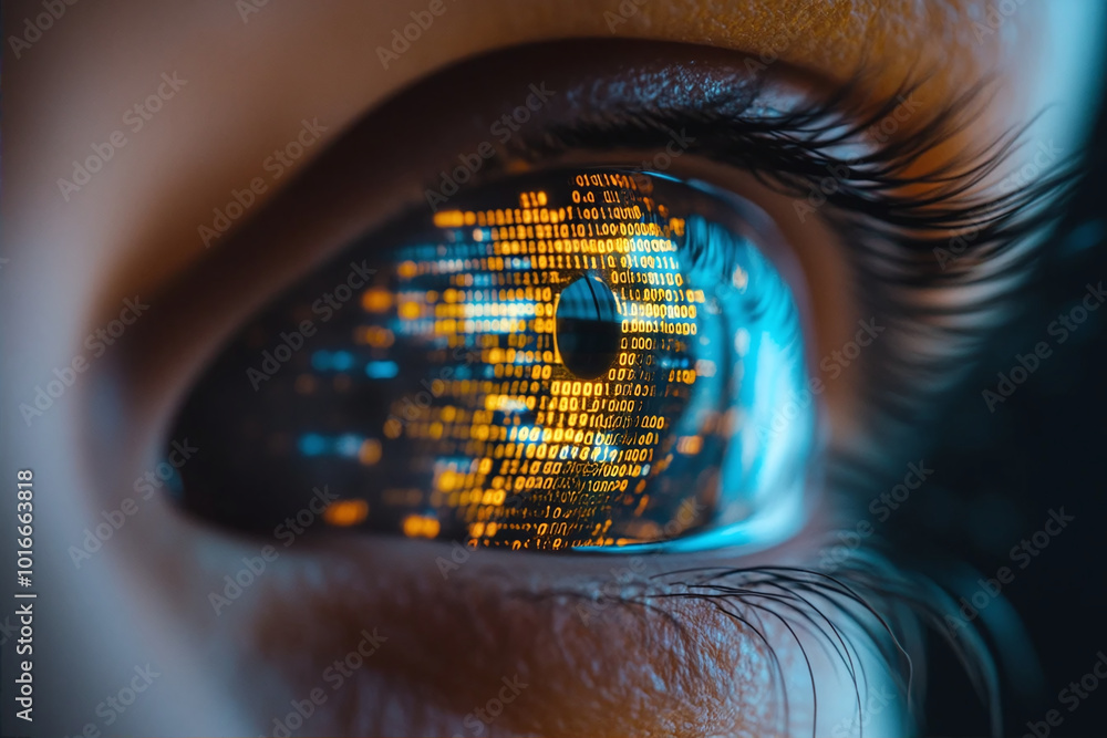 Poster cyber security concept. close up of human eye with binary code
