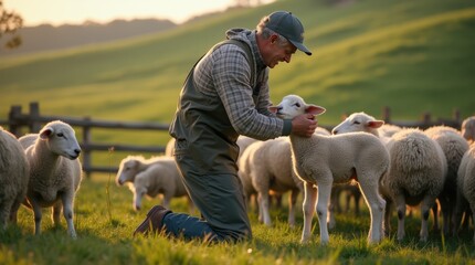 Farmer checking the health of lambs in a serene setting on a small farm during golden hour