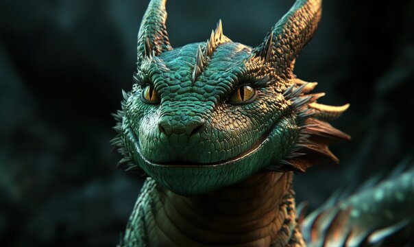 Close-up portrait of a green dragon with bright yellow eyes and a friendly expression.
