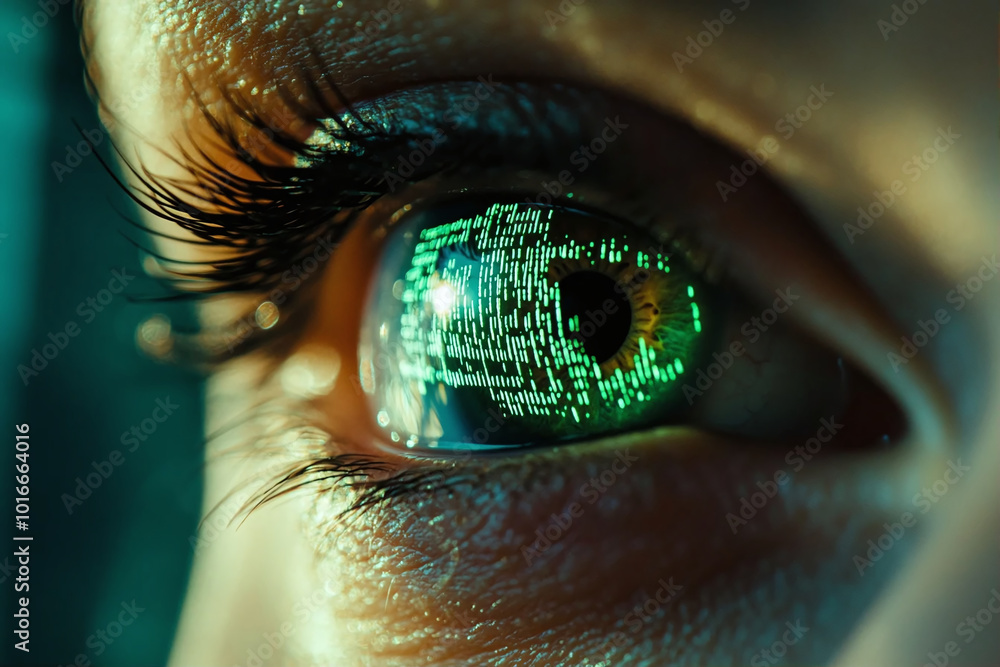Poster cyber security concept. close up of human eye with binary code