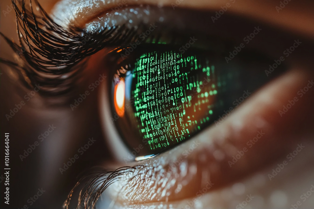 Poster cyber security concept. close up of human eye with binary code