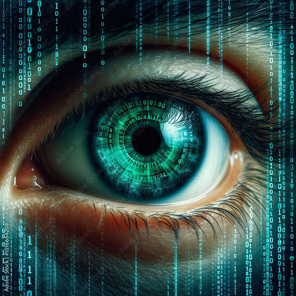 Poster cyber security concept. close up of human eye with binary code