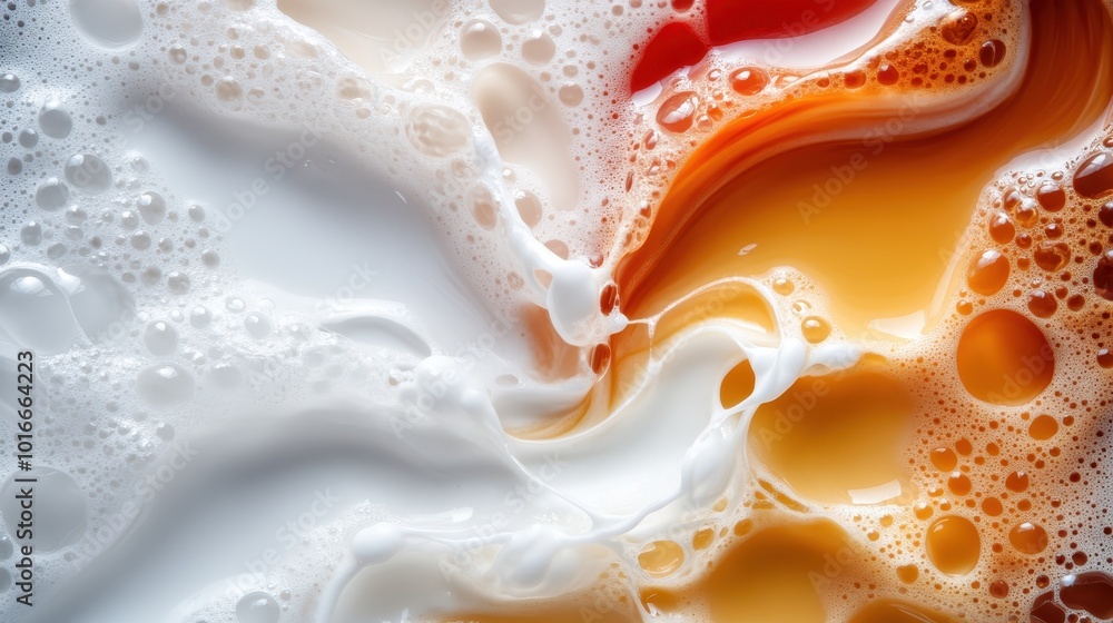 Poster the image shows swirling mixes of vibrant colored liquids in orange and white, creating an abstract,