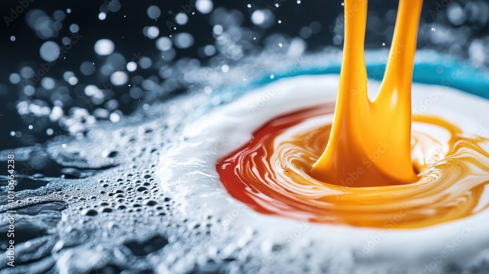 Poster the dynamic pour of orange and white liquids creates a vivid swirl, incorporating contrasts and text