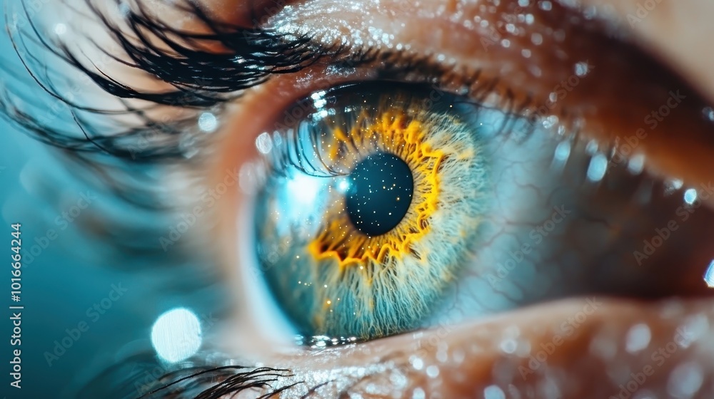 Poster an extreme close-up of a vibrant eye with a cosmic glow, highlighting the intricate details and mesm
