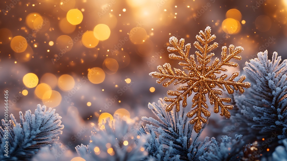 Poster golden snowflake ornament on a snowy evergreen branch with bokeh lights in the background.