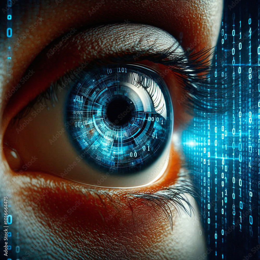 Poster cyber security concept. close up of human eye with binary code