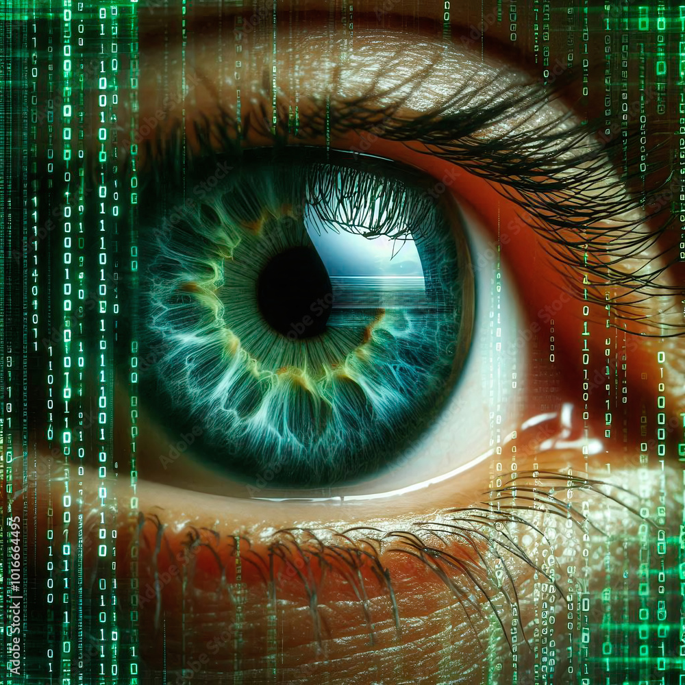 Poster cyber security concept. close up of human eye with binary code