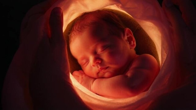 A baby sleeps inside his mother's belly while she hugs him. The baby is wrapped by the belly.