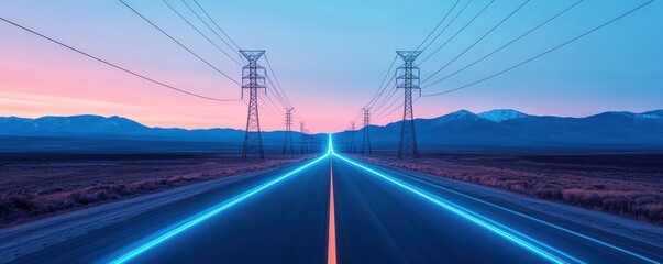 A vibrant sunset along a deserted road, lined with glowing electric poles, creating a surreal and tranquil atmosphere.