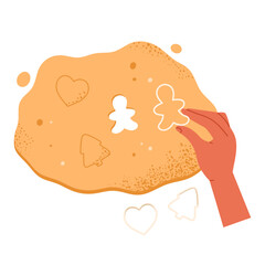 Hands making Christmas gingerbread cookies. Top view on process of baking and decorating sweet cookies. Homemade dough concept. Isolated vector illustration in cartoon style
