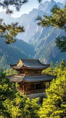 A stunning mountain view featuring a traditional wooden pavilion surrounded by lush green trees and majestic peaks in the background.