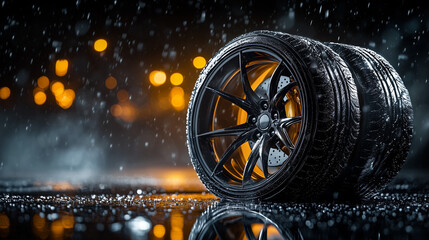 Luxury car sport wheels on a dark backround with copy space. Car tire store.