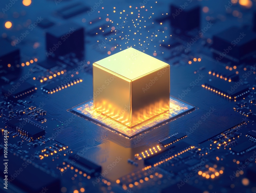 Poster a stunning close-up of a glowing golden microchip surrounded by intricate circuitry, showcasing adva