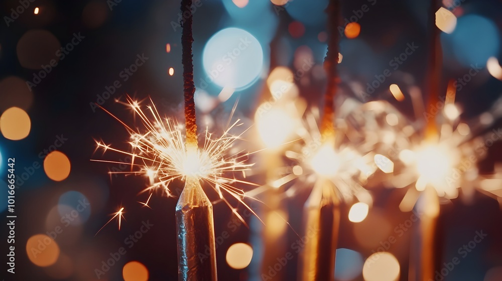 Poster Sparkling Metallic Backdrop with Repeating Festive Sparklers and Party Poppers