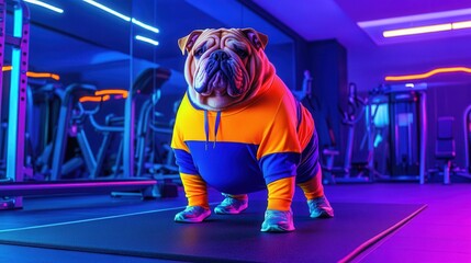 A thoughtful dog wearing a colorful hoodie in a vibrant gym setting.concept National Pet Obesity Awareness Day