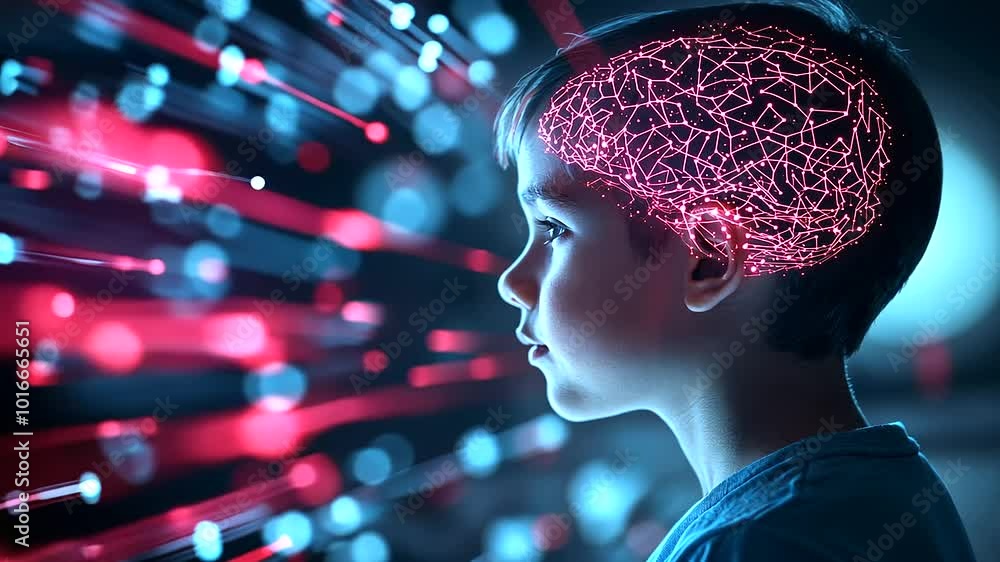 Poster a child’s brain highlighted by glowing neural connections, with each pathway representing different 