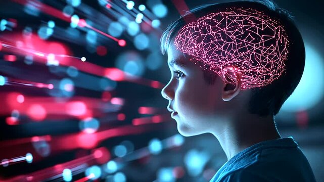 A child’s brain highlighted by glowing neural connections, with each pathway representing different aspects of learning and mental growth