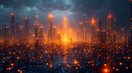 Futuristic Cityscape with Glowing Skyscrapers and Neon Lights Under a Dramatic Sky