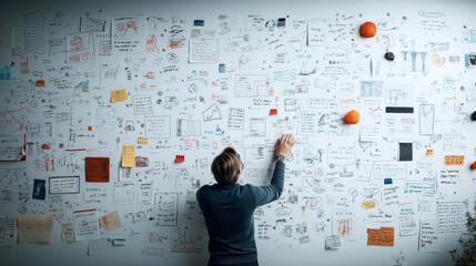 Person analyzing a whiteboard filled with notes, sketches, and diagrams, using sticky notes and markers in a brainstorming or creative problem-solving session.