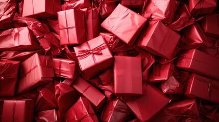 A collection of stylishly wrapped red gift boxes piled together, showcasing luxury and anticipation, ideal for holiday sales and festive promotions.