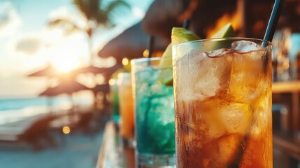 A row of cocktails with vibrant colors and ice cubes resting peacefully on a beachside bar setting, capturing the serene beauty of a sunset in a tropical paradise.