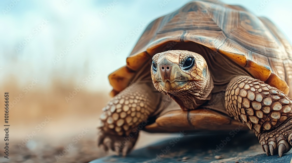 Poster an adorable turtle with a textured shell walks slowly across a sunny outdoor path. the turtle's deta