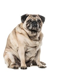 Obraz premium Chubby Pug Sitting Contentedly with Playful Expression on White Background