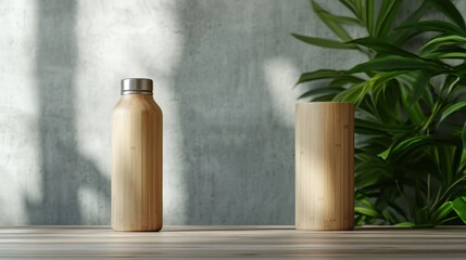 An aesthetically pleasing bamboo water bottle, featuring a brush finish, is showcased alongside a simple bamboo cup, underlining simplicity and ecological awareness.
