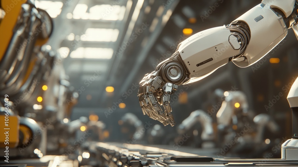 Poster a robotic arm in a factory setting, showcasing advanced automation technology.