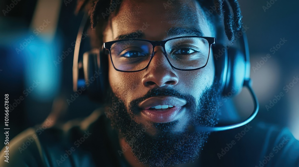 Poster a man with glasses and a headset is closely examining a computer screen, likely involved in an activ