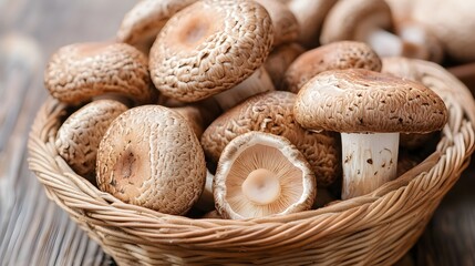 Assorted Edible Mushrooms in Wicker Basket on Rustic Wooden Table