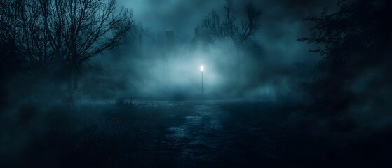 Naklejka premium Haunting Circus Grounds Shrouded in Eerie Fog and Ghostly Lighting Photography Concept with Copy Space for Text A Chilling Moody and Atmospheric Scene of an Abandoned Supernatural Carnival Setting