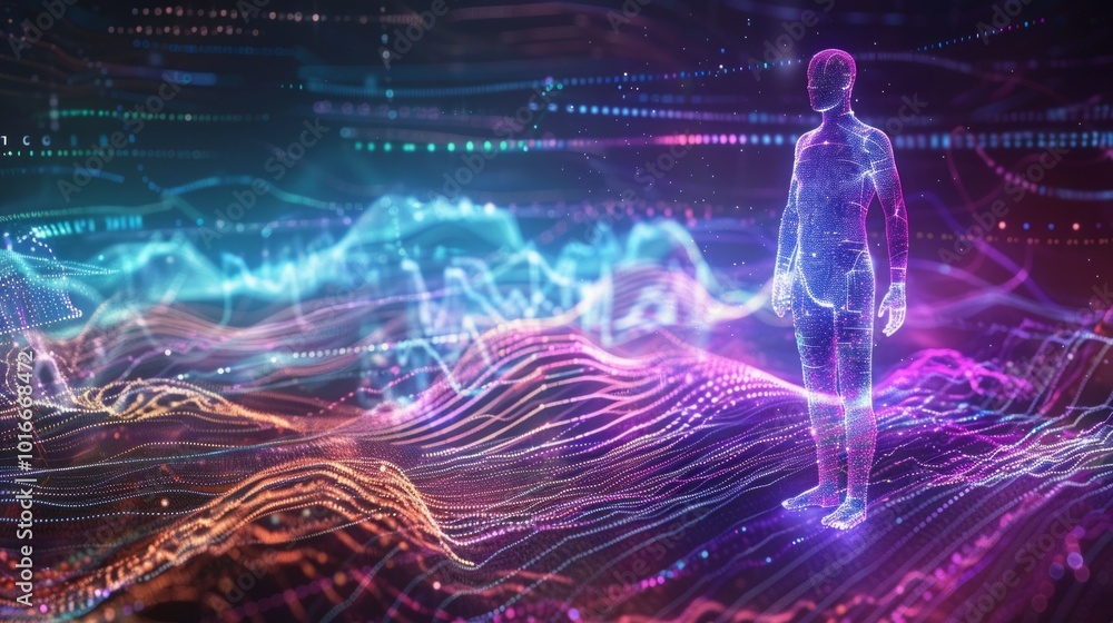 Poster a humanoid figure made of sound waves explores a vibrant data stream, visualizing ai's journey to un