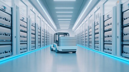 A modern warehouse featuring an automated vehicle navigating through neatly organized storage shelves.