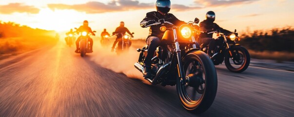 Dynamic motorcycle ride at sunset, showcasing speed and freedom on an open road with multiple riders in action.
