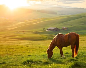 A horse grazing on fresh grass in a sunlit meadow with rolling hills and a distant barn