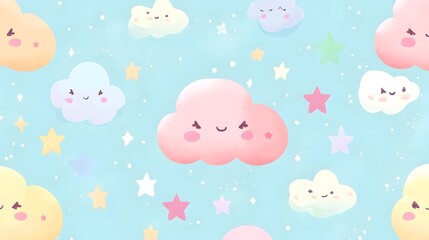Chubby Kawaii Clouds and Stars in Dreamy Pastel Sky Pattern
