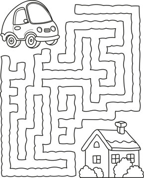 Help the car get home. Coloring page outline of the cartoon labyrinth. Colorful vector illustration of educational maze game for preschool children, summer coloring book for kids.
