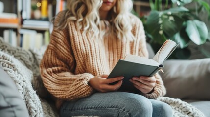 Cozy Reading Time at Home with a Warm Sweater and a Good Book in a Comfortable Living Room Setting