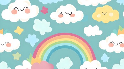 Repeating Kawaii Rainbow Clouds and Whimsical Sky Pattern in Soft Color Scheme