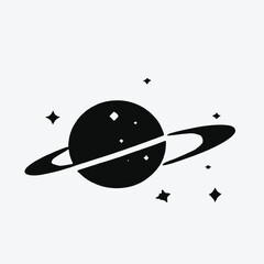 Planet with stars, simple black and white graphic design 
