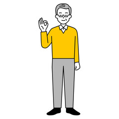 OKサインをする年配の男性（全身）
