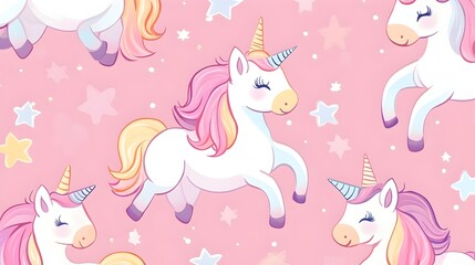 Charming Cartoon Unicorns with Magical Pastel Manes in Repeating Pattern