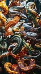 Obraz premium A vibrant collection of colorful snakes, illustrating their diverse patterns and textures in a stunning natural display.